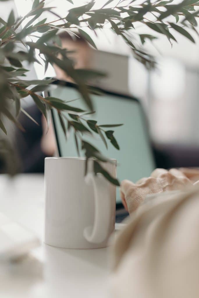 Blurry shot of a person's hands typing on a laptop, with a coffee mug and plant in the foreground.