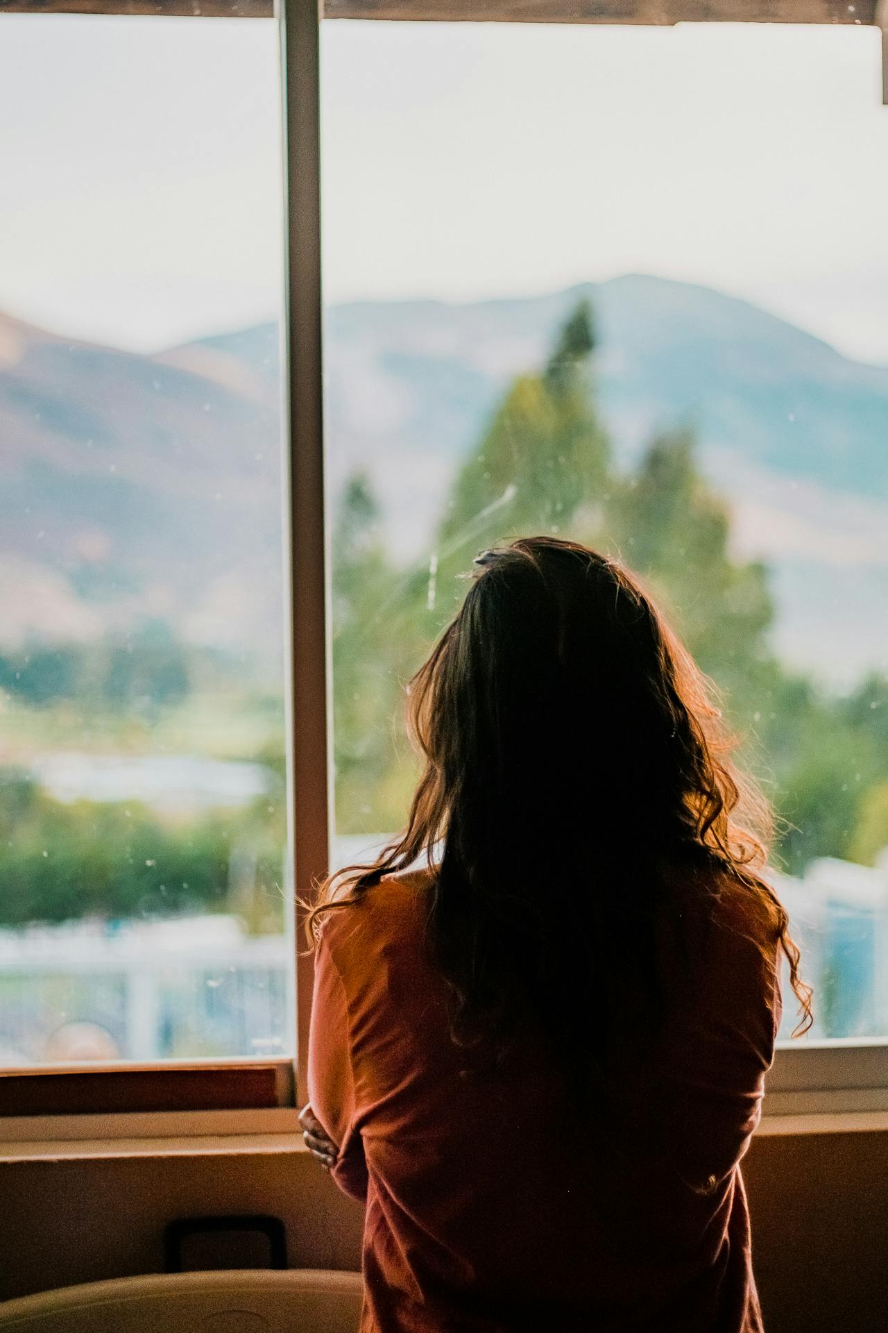 A long haired woman looks out the window pensively, photographed from behind. 