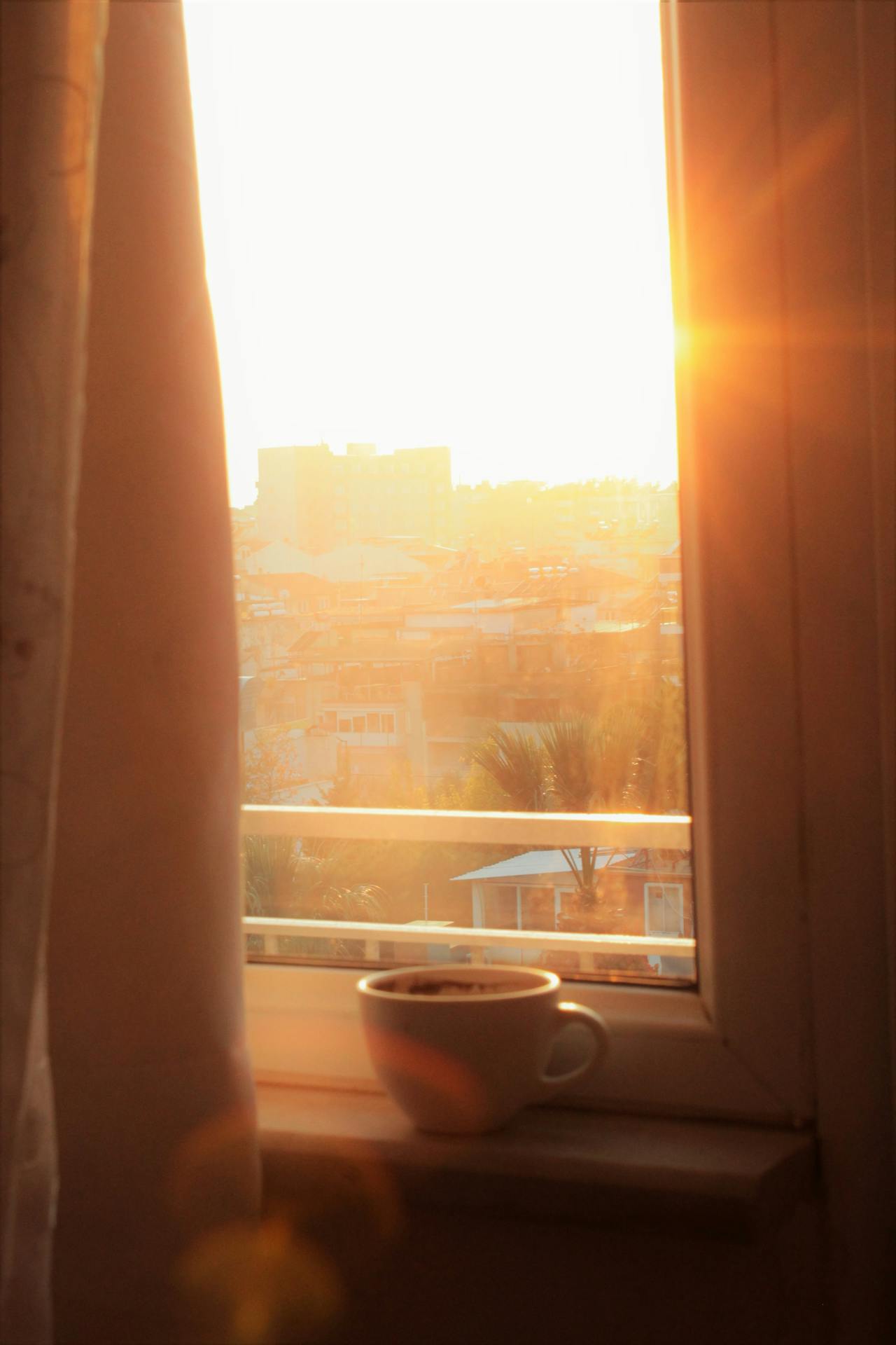 A coffee mug and curtain lit by sunlight coming through a window 